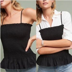 Anthropologie Maeve Black Ruffled Smocked Linen Tank M
